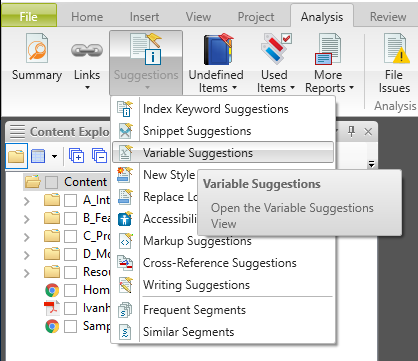 Screenshot showing the list of options available from the Suggestion button